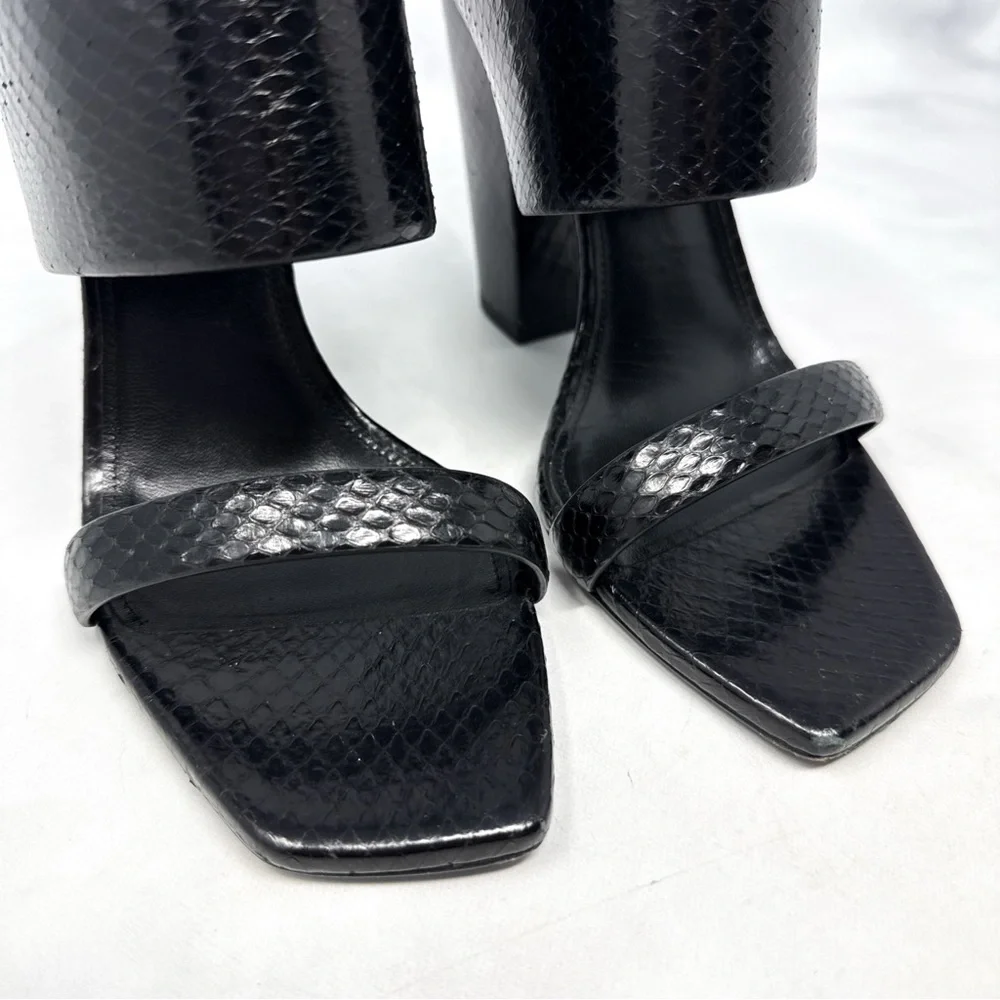 Saint Laurent Oak Snakeskin Leather Square Toe Block Heel Mule Sandal Black 38.5 - Picture 6 of 16